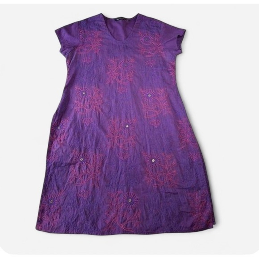 Cotton Linen Melange Dress Purple Embroidered Boho Artsy Floral Lagenlook L/XL